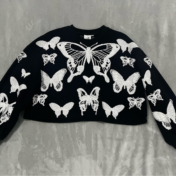 QUEEN OF SPARKLES Tops - QUEEN OF SPARKLES Black and White Butterfly Sweatshirt